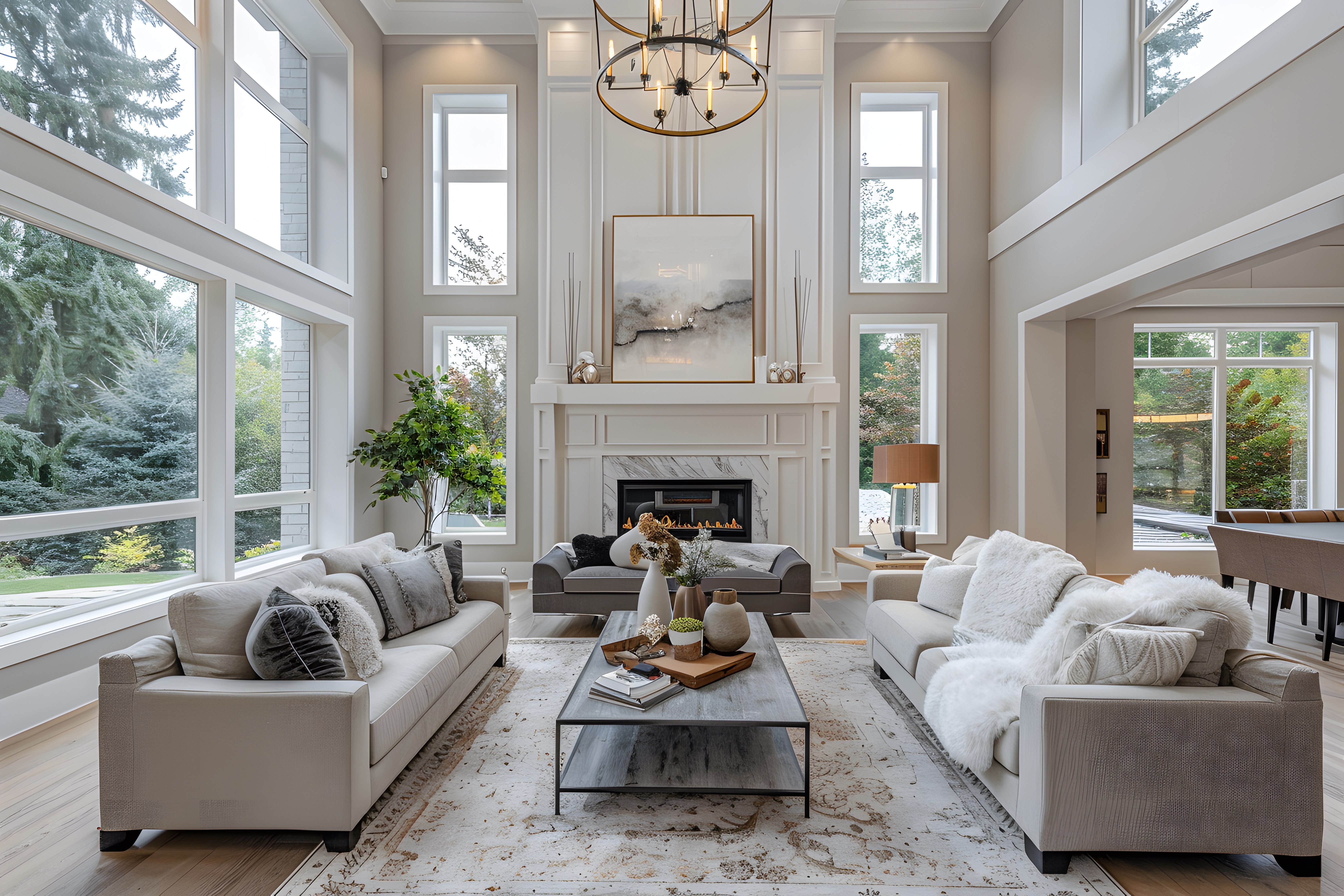Luxury remodeled living room with large windows